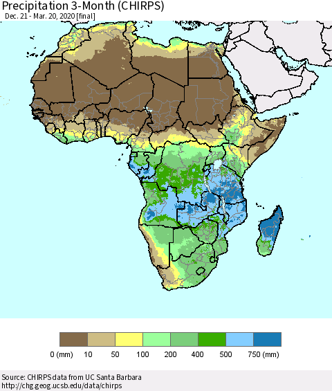Africa Precipitation 3-Month (CHIRPS) Thematic Map For 12/21/2019 - 3/20/2020