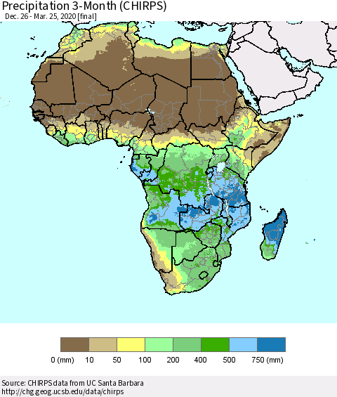 Africa Precipitation 3-Month (CHIRPS) Thematic Map For 12/26/2019 - 3/25/2020