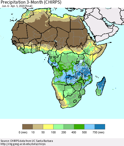 Africa Precipitation 3-Month (CHIRPS) Thematic Map For 1/6/2020 - 4/5/2020