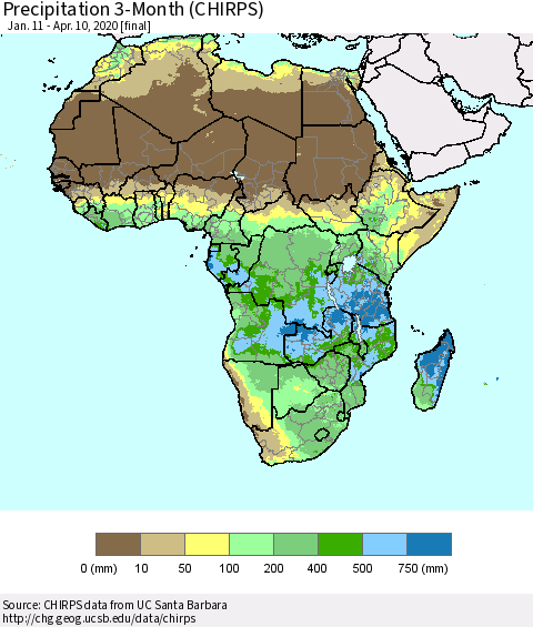 Africa Precipitation 3-Month (CHIRPS) Thematic Map For 1/11/2020 - 4/10/2020