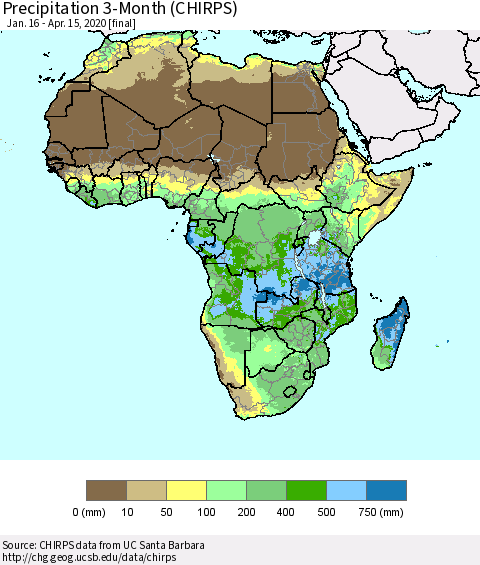 Africa Precipitation 3-Month (CHIRPS) Thematic Map For 1/16/2020 - 4/15/2020
