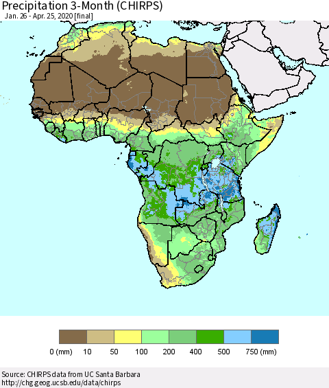 Africa Precipitation 3-Month (CHIRPS) Thematic Map For 1/26/2020 - 4/25/2020