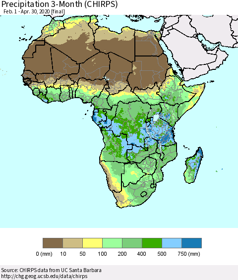 Africa Precipitation 3-Month (CHIRPS) Thematic Map For 2/1/2020 - 4/30/2020