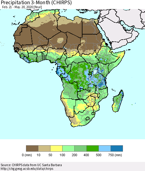 Africa Precipitation 3-Month (CHIRPS) Thematic Map For 2/21/2020 - 5/20/2020