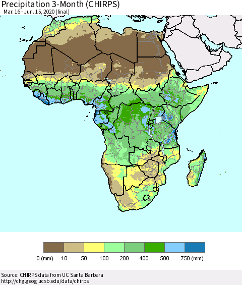 Africa Precipitation 3-Month (CHIRPS) Thematic Map For 3/16/2020 - 6/15/2020