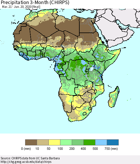Africa Precipitation 3-Month (CHIRPS) Thematic Map For 3/21/2020 - 6/20/2020