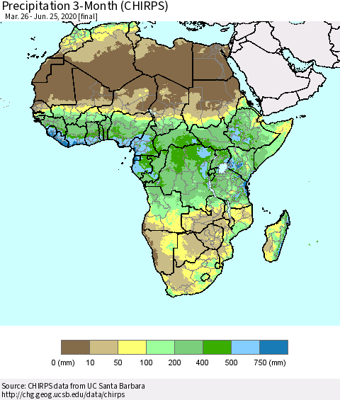 Africa Precipitation 3-Month (CHIRPS) Thematic Map For 3/26/2020 - 6/25/2020