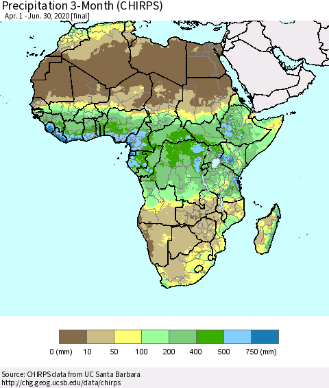 Africa Precipitation 3-Month (CHIRPS) Thematic Map For 4/1/2020 - 6/30/2020