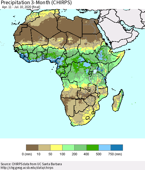 Africa Precipitation 3-Month (CHIRPS) Thematic Map For 4/11/2020 - 7/10/2020