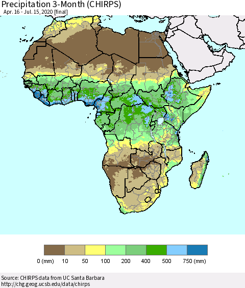 Africa Precipitation 3-Month (CHIRPS) Thematic Map For 4/16/2020 - 7/15/2020