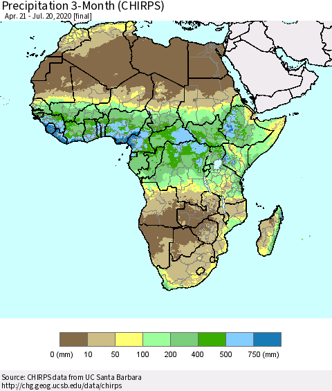 Africa Precipitation 3-Month (CHIRPS) Thematic Map For 4/21/2020 - 7/20/2020