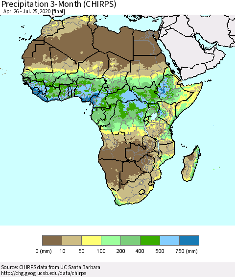 Africa Precipitation 3-Month (CHIRPS) Thematic Map For 4/26/2020 - 7/25/2020