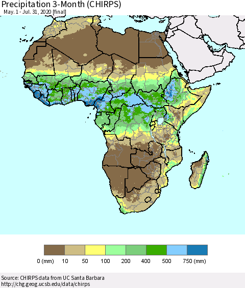 Africa Precipitation 3-Month (CHIRPS) Thematic Map For 5/1/2020 - 7/31/2020
