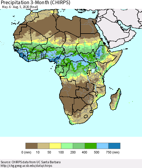 Africa Precipitation 3-Month (CHIRPS) Thematic Map For 5/6/2020 - 8/5/2020