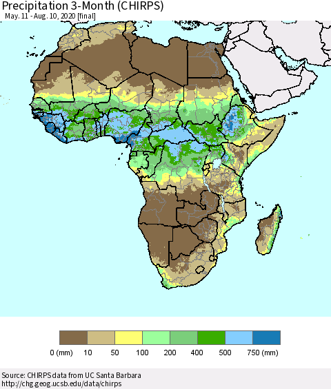 Africa Precipitation 3-Month (CHIRPS) Thematic Map For 5/11/2020 - 8/10/2020