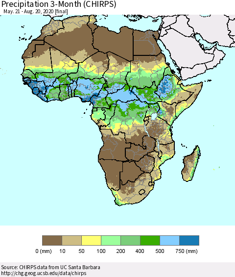 Africa Precipitation 3-Month (CHIRPS) Thematic Map For 5/21/2020 - 8/20/2020
