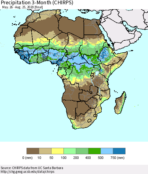 Africa Precipitation 3-Month (CHIRPS) Thematic Map For 5/26/2020 - 8/25/2020