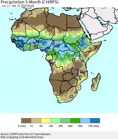 Africa Precipitation 3-Month (CHIRPS) Thematic Map For 6/11/2020 - 9/10/2020