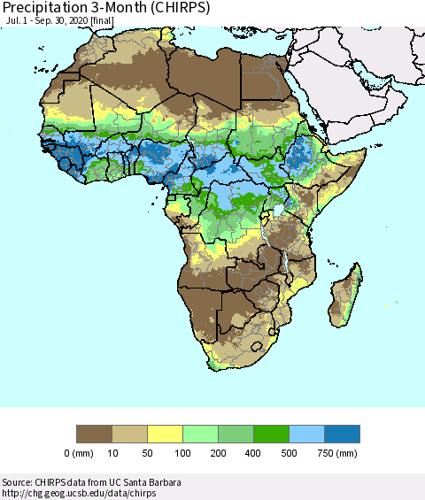 Africa Precipitation 3-Month (CHIRPS) Thematic Map For 7/1/2020 - 9/30/2020