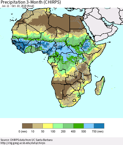 Africa Precipitation 3-Month (CHIRPS) Thematic Map For 7/11/2020 - 10/10/2020