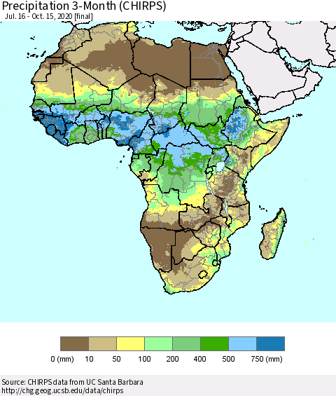 Africa Precipitation 3-Month (CHIRPS) Thematic Map For 7/16/2020 - 10/15/2020