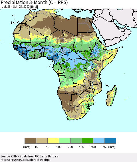 Africa Precipitation 3-Month (CHIRPS) Thematic Map For 7/26/2020 - 10/25/2020