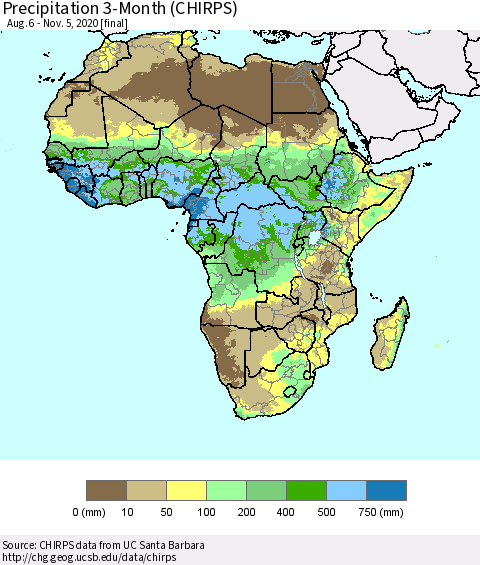 Africa Precipitation 3-Month (CHIRPS) Thematic Map For 8/6/2020 - 11/5/2020