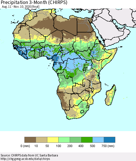 Africa Precipitation 3-Month (CHIRPS) Thematic Map For 8/11/2020 - 11/10/2020
