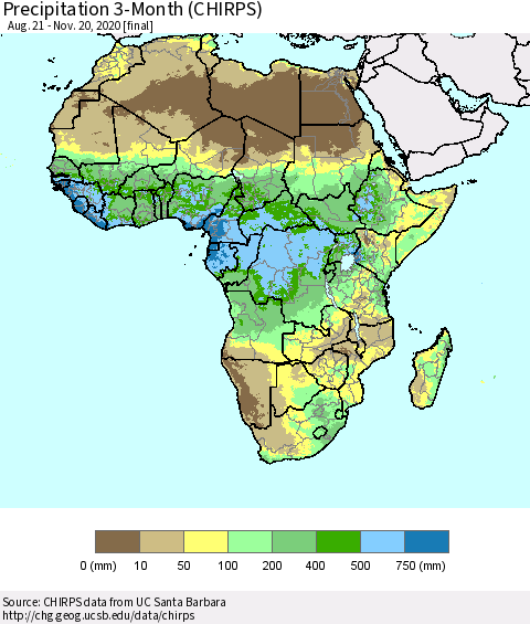 Africa Precipitation 3-Month (CHIRPS) Thematic Map For 8/21/2020 - 11/20/2020