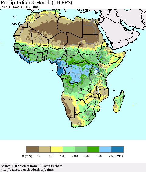 Africa Precipitation 3-Month (CHIRPS) Thematic Map For 9/1/2020 - 11/30/2020