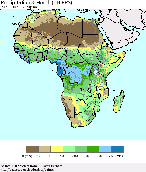 Africa Precipitation 3-Month (CHIRPS) Thematic Map For 9/6/2020 - 12/5/2020