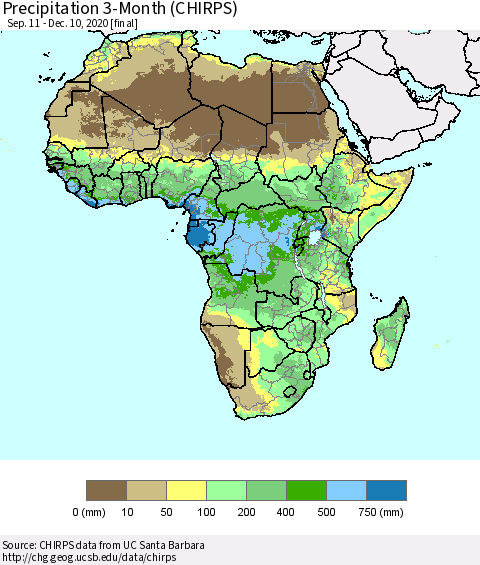 Africa Precipitation 3-Month (CHIRPS) Thematic Map For 9/11/2020 - 12/10/2020