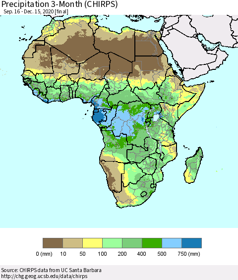 Africa Precipitation 3-Month (CHIRPS) Thematic Map For 9/16/2020 - 12/15/2020