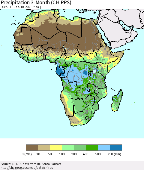 Africa Precipitation 3-Month (CHIRPS) Thematic Map For 10/11/2020 - 1/10/2021