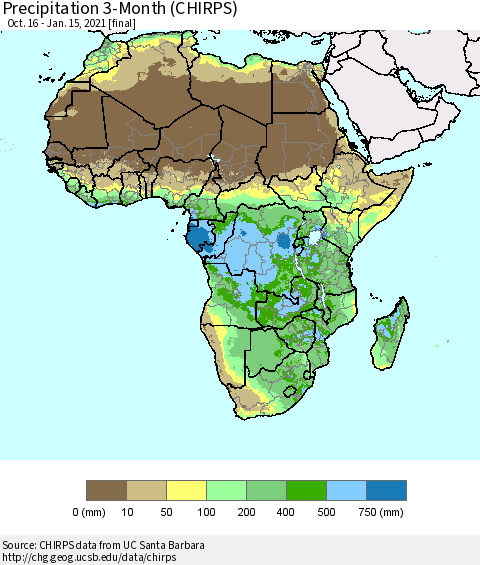 Africa Precipitation 3-Month (CHIRPS) Thematic Map For 10/16/2020 - 1/15/2021