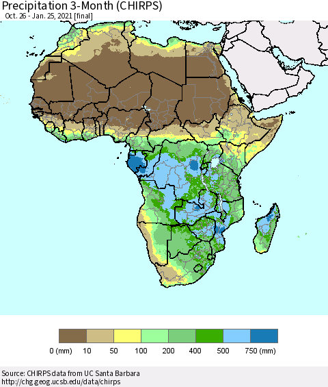 Africa Precipitation 3-Month (CHIRPS) Thematic Map For 10/26/2020 - 1/25/2021