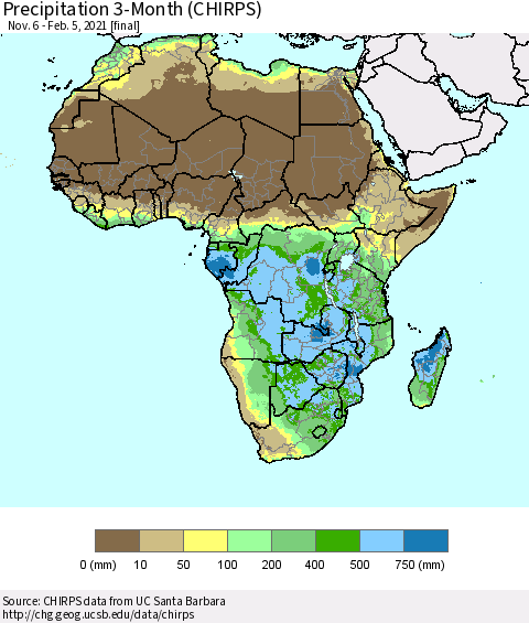 Africa Precipitation 3-Month (CHIRPS) Thematic Map For 11/6/2020 - 2/5/2021