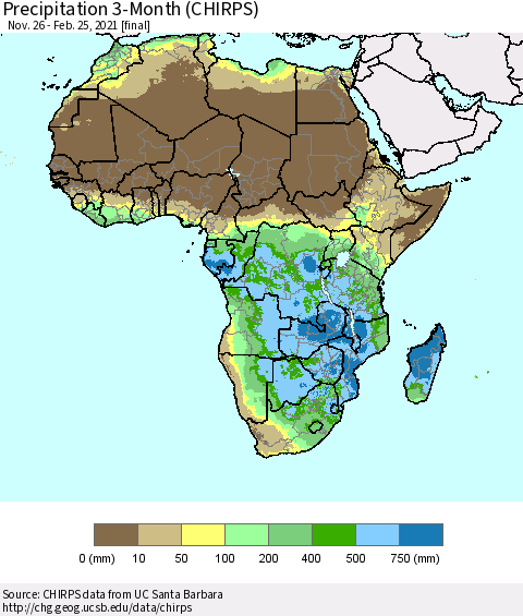 Africa Precipitation 3-Month (CHIRPS) Thematic Map For 11/26/2020 - 2/25/2021