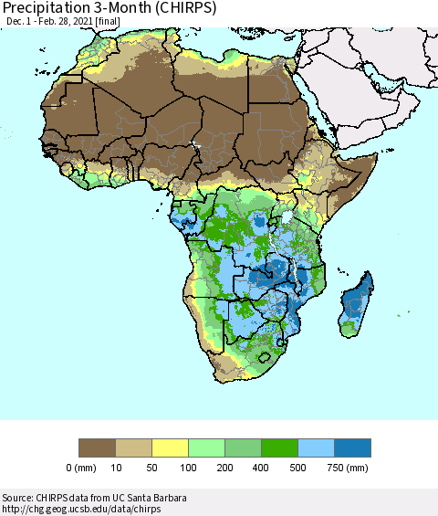 Africa Precipitation 3-Month (CHIRPS) Thematic Map For 12/1/2020 - 2/28/2021