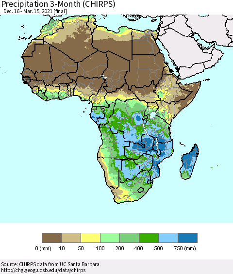 Africa Precipitation 3-Month (CHIRPS) Thematic Map For 12/16/2020 - 3/15/2021