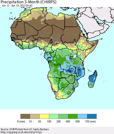 Africa Precipitation 3-Month (CHIRPS) Thematic Map For 1/11/2021 - 4/10/2021