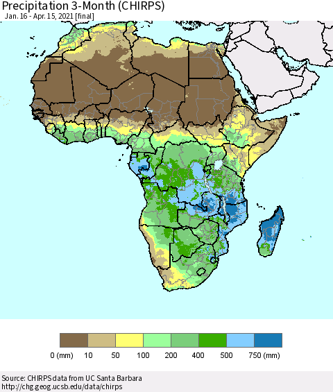 Africa Precipitation 3-Month (CHIRPS) Thematic Map For 1/16/2021 - 4/15/2021