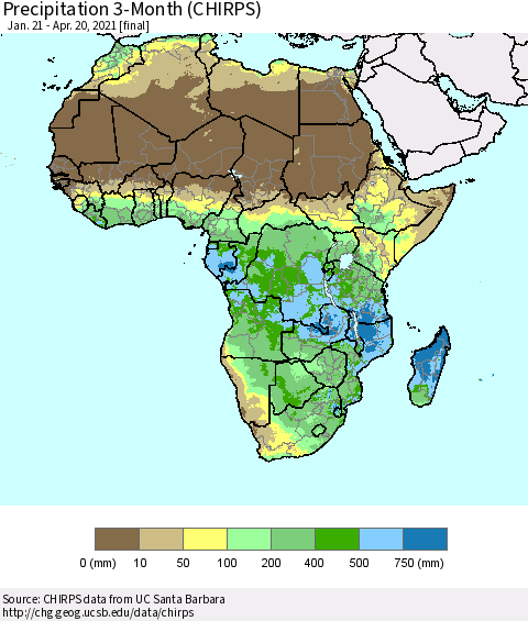 Africa Precipitation 3-Month (CHIRPS) Thematic Map For 1/21/2021 - 4/20/2021