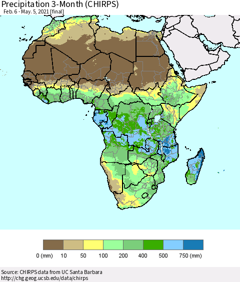 Africa Precipitation 3-Month (CHIRPS) Thematic Map For 2/6/2021 - 5/5/2021