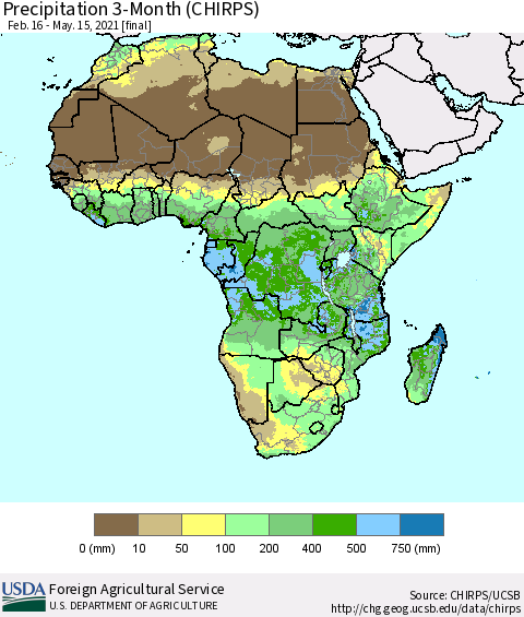 Africa Precipitation 3-Month (CHIRPS) Thematic Map For 2/16/2021 - 5/15/2021