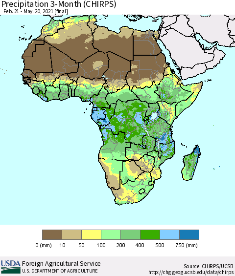 Africa Precipitation 3-Month (CHIRPS) Thematic Map For 2/21/2021 - 5/20/2021