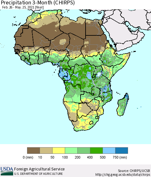 Africa Precipitation 3-Month (CHIRPS) Thematic Map For 2/26/2021 - 5/25/2021