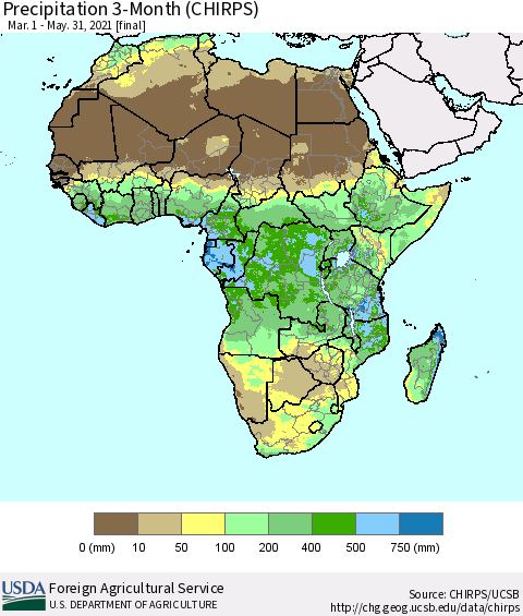 Africa Precipitation 3-Month (CHIRPS) Thematic Map For 3/1/2021 - 5/31/2021