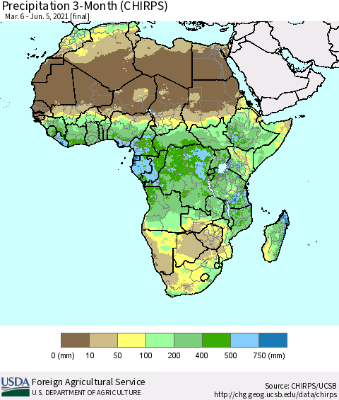 Africa Precipitation 3-Month (CHIRPS) Thematic Map For 3/6/2021 - 6/5/2021
