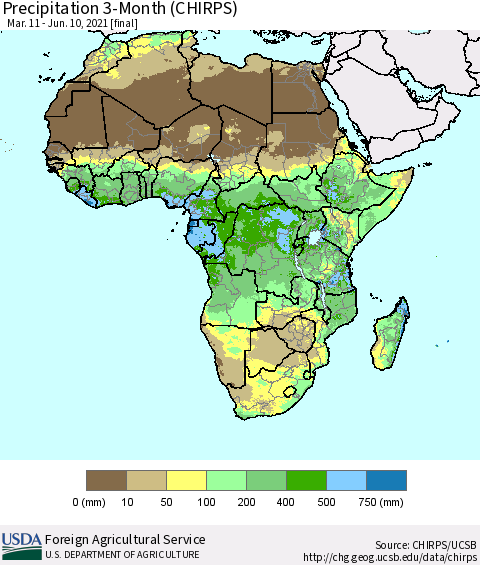 Africa Precipitation 3-Month (CHIRPS) Thematic Map For 3/11/2021 - 6/10/2021